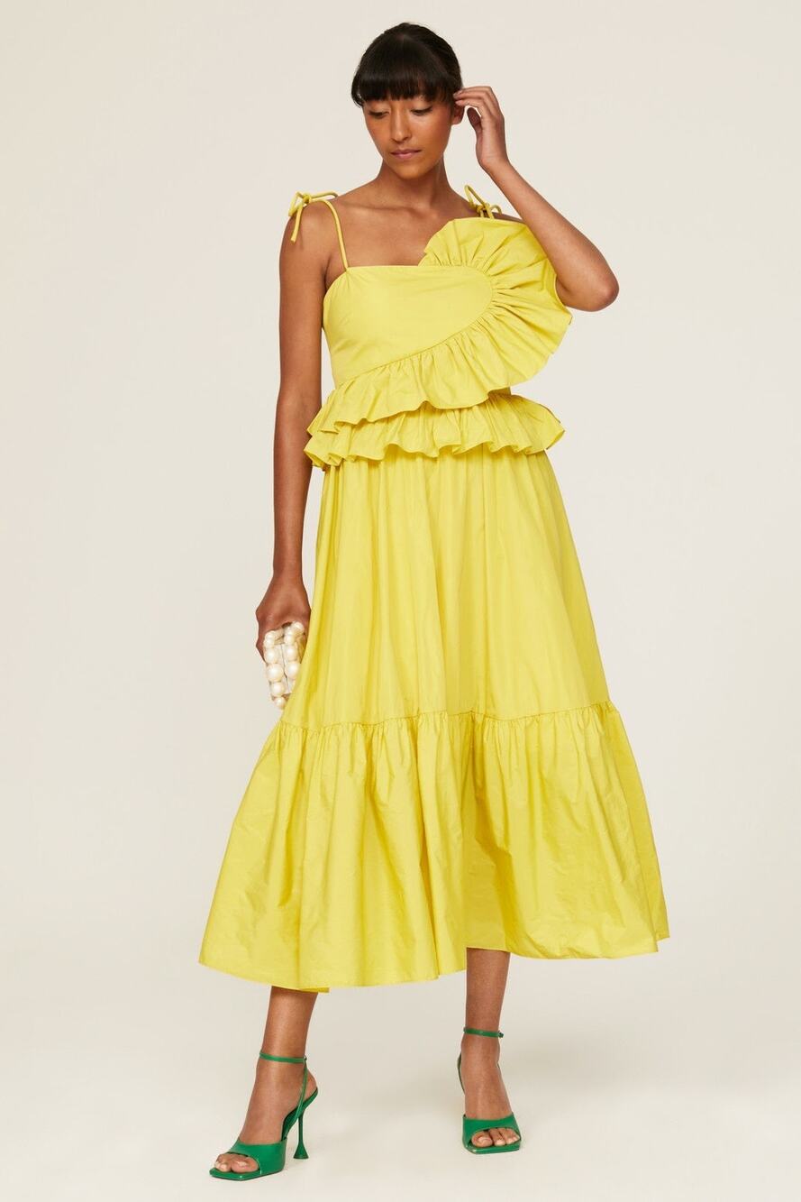 Tanya Taylor Delphine Yellow Ruffled Tie Strap Sleeveless Midi Cocktail Dress 0